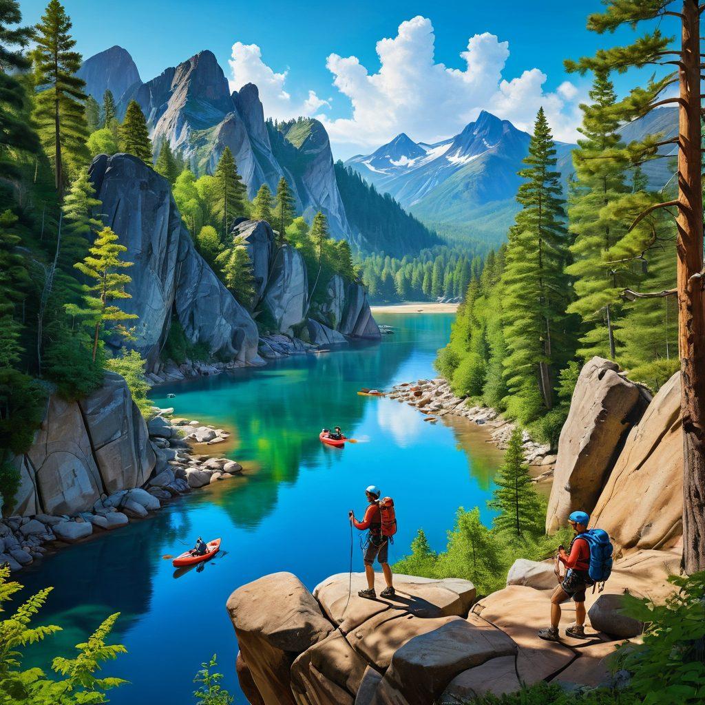 An inspiring scene of diverse adventurers engaging in various nature sports such as rock climbing, kayaking, and mountain biking amid breathtaking landscapes. Lush green forests and a vibrant blue sky set the backdrop, with cheerful expressions reflecting a sense of community and excitement. Include elements like hiking gear, colorful sports equipment, and natural wildlife to enhance the adventurous spirit. vivid colors. super-realistic.