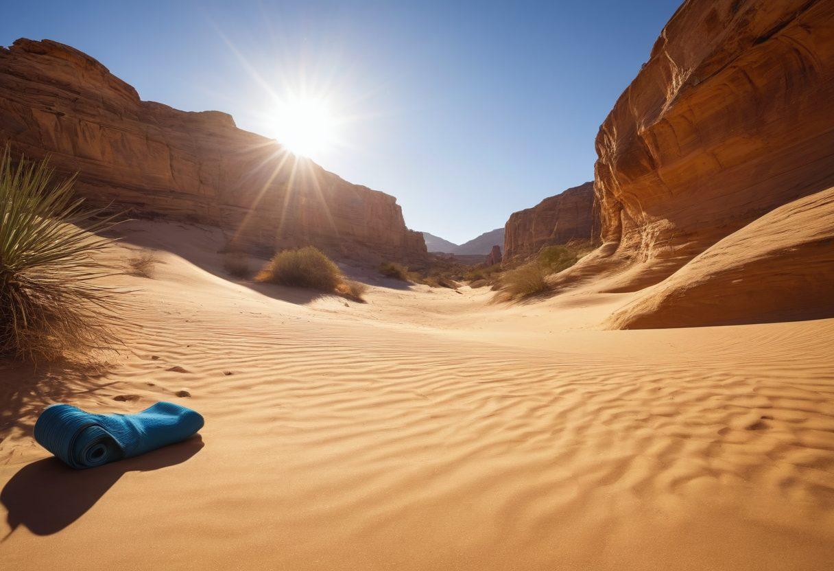 A breathtaking desert landscape featuring rugged canyons and golden sands under a bright blue sky. In the foreground, a diverse group of adventurers engaging in extreme sports like rock climbing and sandboarding, showcasing their determination and joy. Incorporate elements of outdoor fitness, such as a yoga mat and water bottles, to emphasize a healthy lifestyle. Include dramatic lighting that highlights the beauty of the desert environment. vibrant colors. super-realistic. dynamic composition.