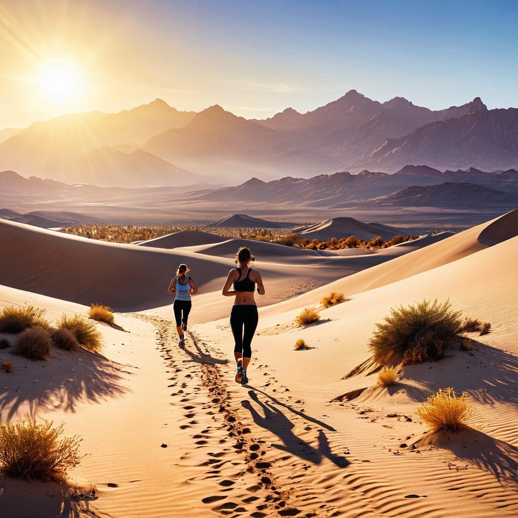 A breathtaking panorama showcasing a sun-kissed desert landscape, with flowing sand dunes transitioning into winding trails. A diverse group of energetic individuals engaging in outdoor fitness activities like jogging and yoga amidst the vibrant desert flora. Incorporate golden hour lighting to enhance the warmth of the scene, with distant mountains visible under a radiant sky. super-realistic. vibrant colors. 3D.